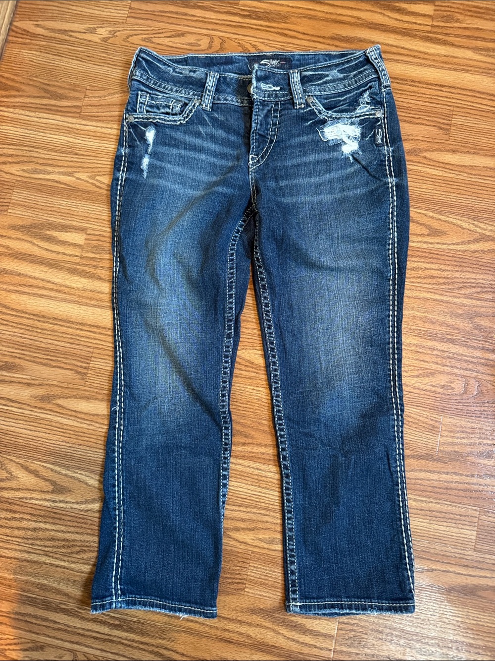 Silver Jeans Dark Blue Distressed Cropped Jeans